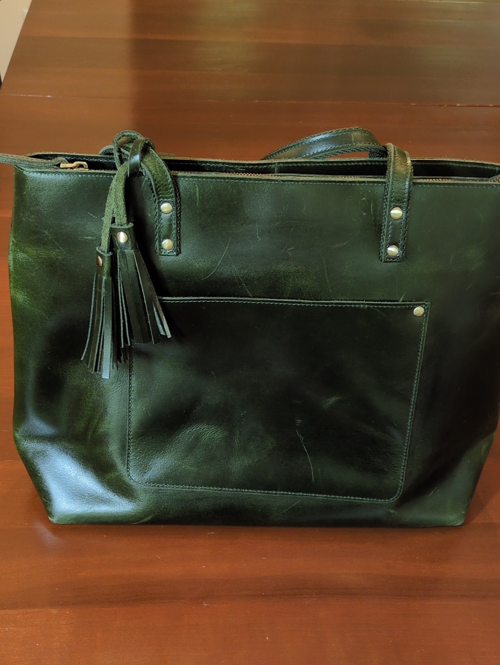 Green Distressed Leather Tote Bag with Tassel Fits Laptop